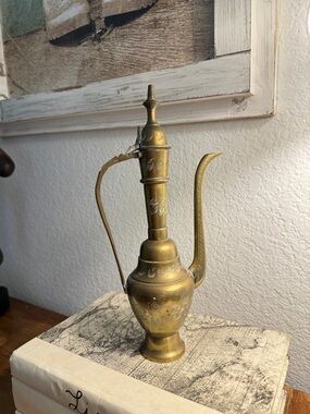 Vintage Etched Brass Oil Pitcher, Teapot, or Coffee Pot Genie Lamp